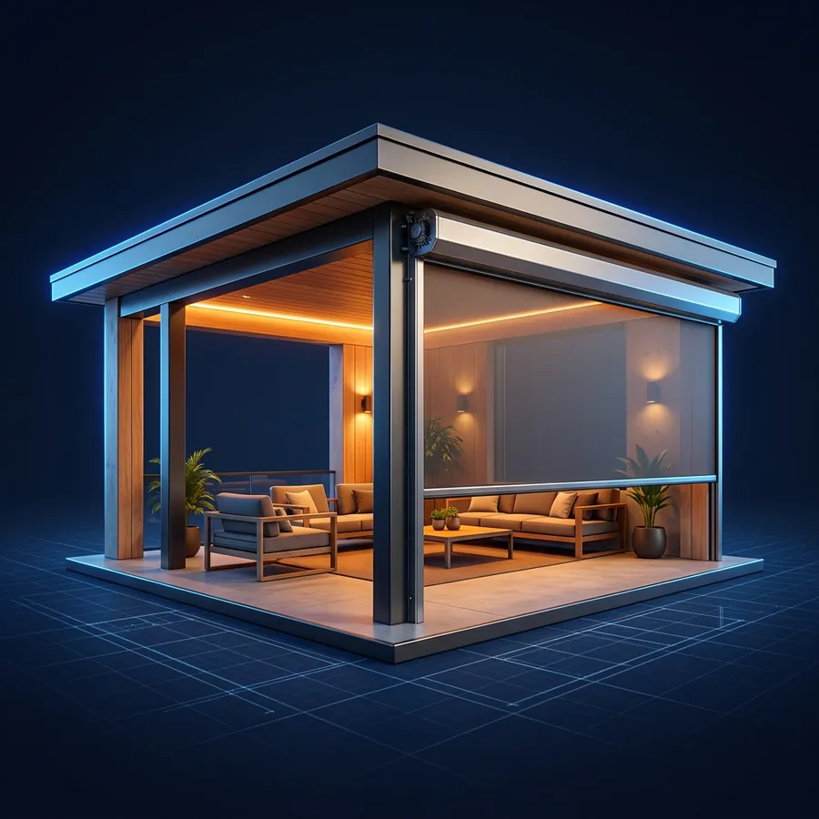 Glossy 3D illustration of a covered patio with a motorized retractable screen partly lowered over an opening