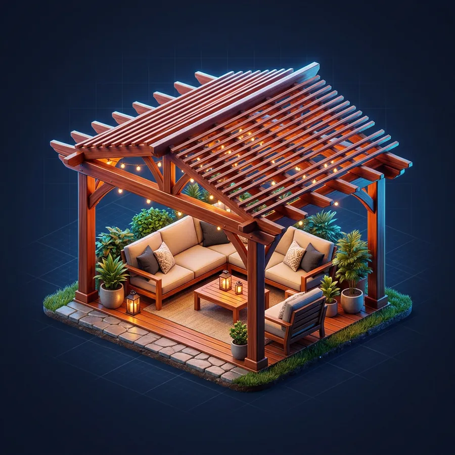 Glossy 3D illustration of a cedar pergola with slatted roof over an outdoor seating area with soft evening light