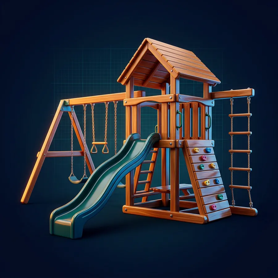 Glossy 3D illustration of a wooden backyard swing set with a slide, a climbing wall and a rope ladder