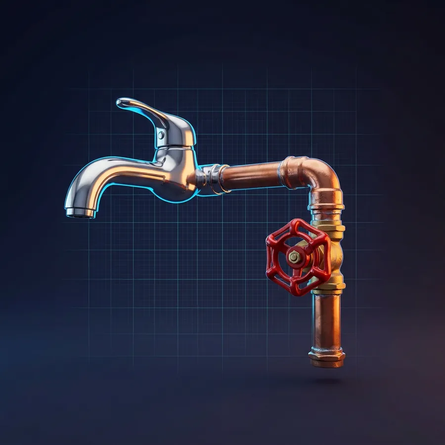 Music City Plumber | Music City Builder Group Glossy 3D illustration of a glossy chrome faucet and a copper pipe elbow with a red shutoff valve