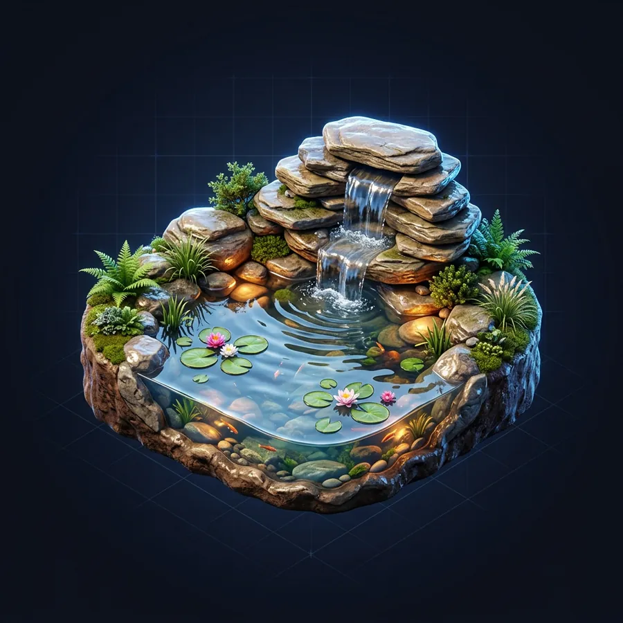 Glossy 3D illustration of a small backyard pond with a stacked-stone waterfall and water lilies