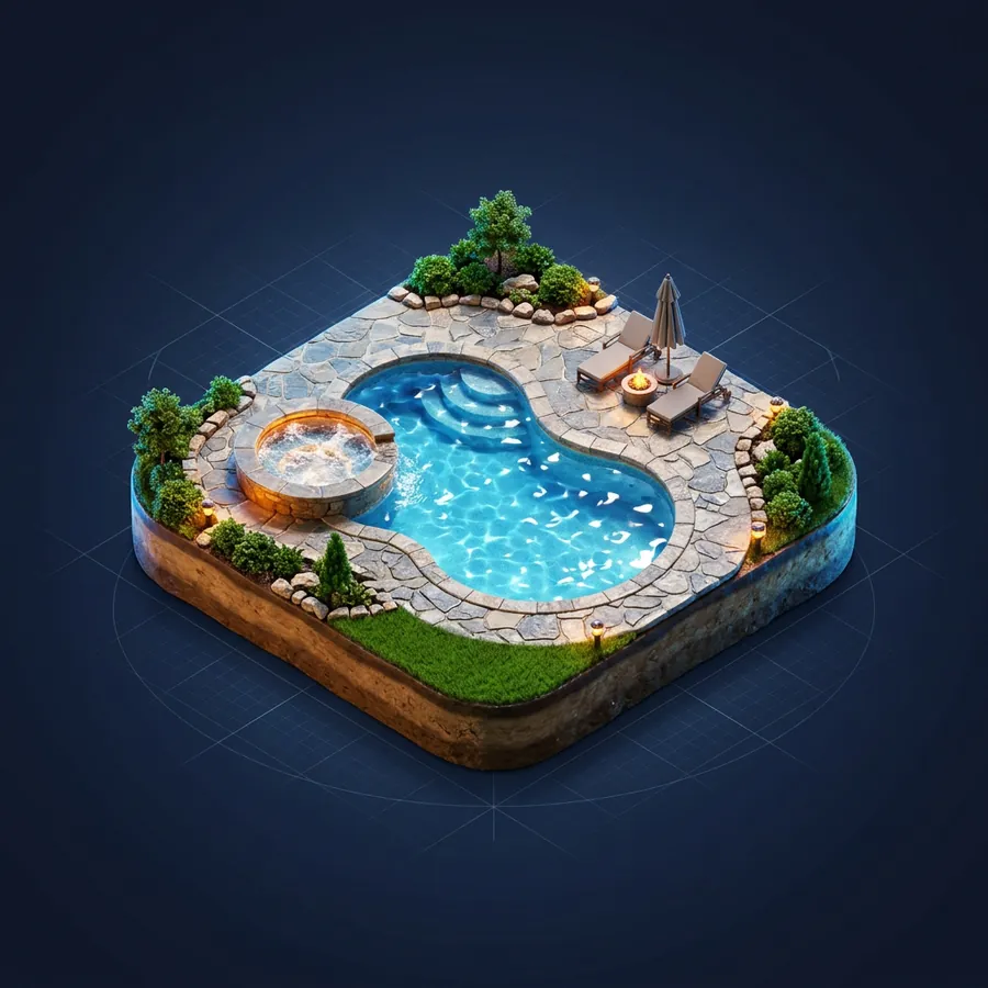 Glossy 3D illustration of a backyard swimming pool with a spa, a stone deck and sparkling blue water