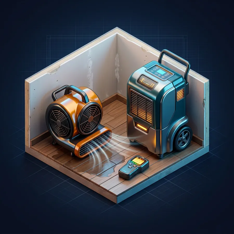 Music City Remediation | Music City Builder Group Glossy 3D illustration of an industrial air mover fan and a dehumidifier drying a room with a moisture meter