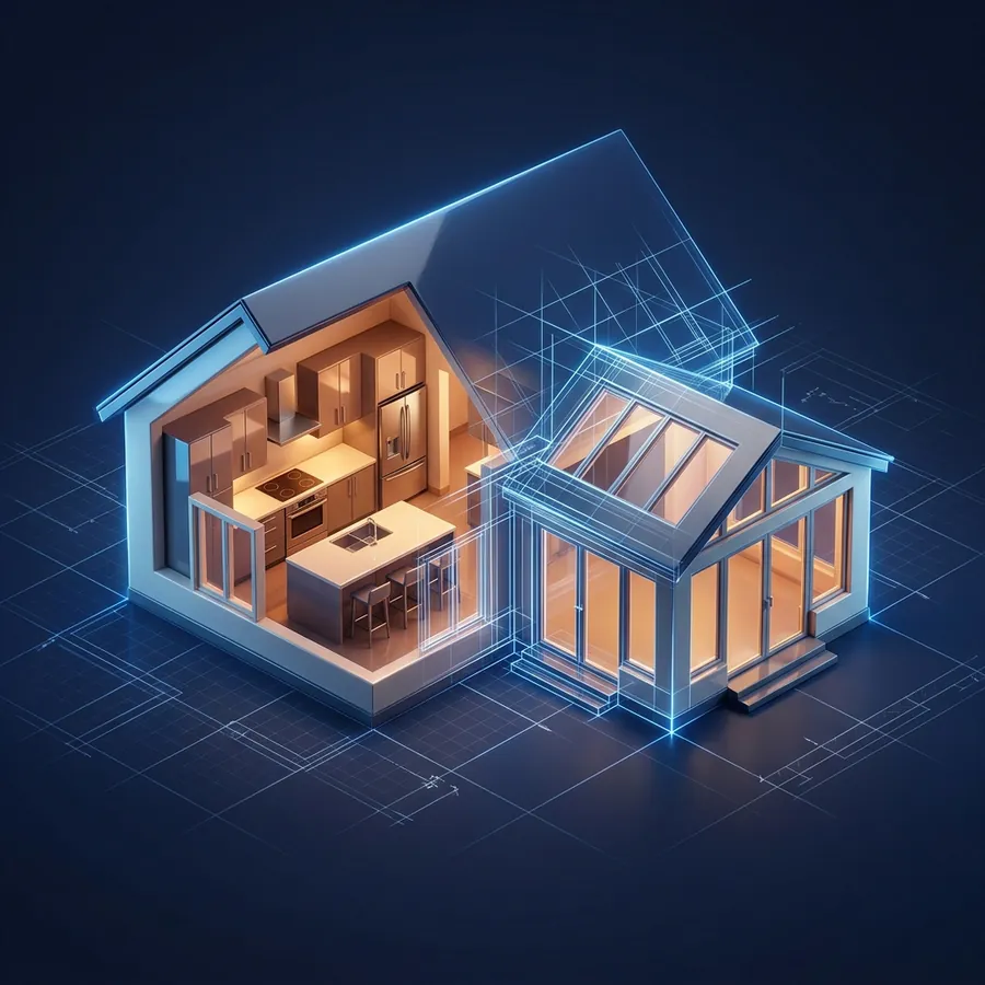 Music City Remodels | Music City Builder Group Glossy 3D illustration of a house cutaway showing a remodeled kitchen and a new addition with blueprint lines