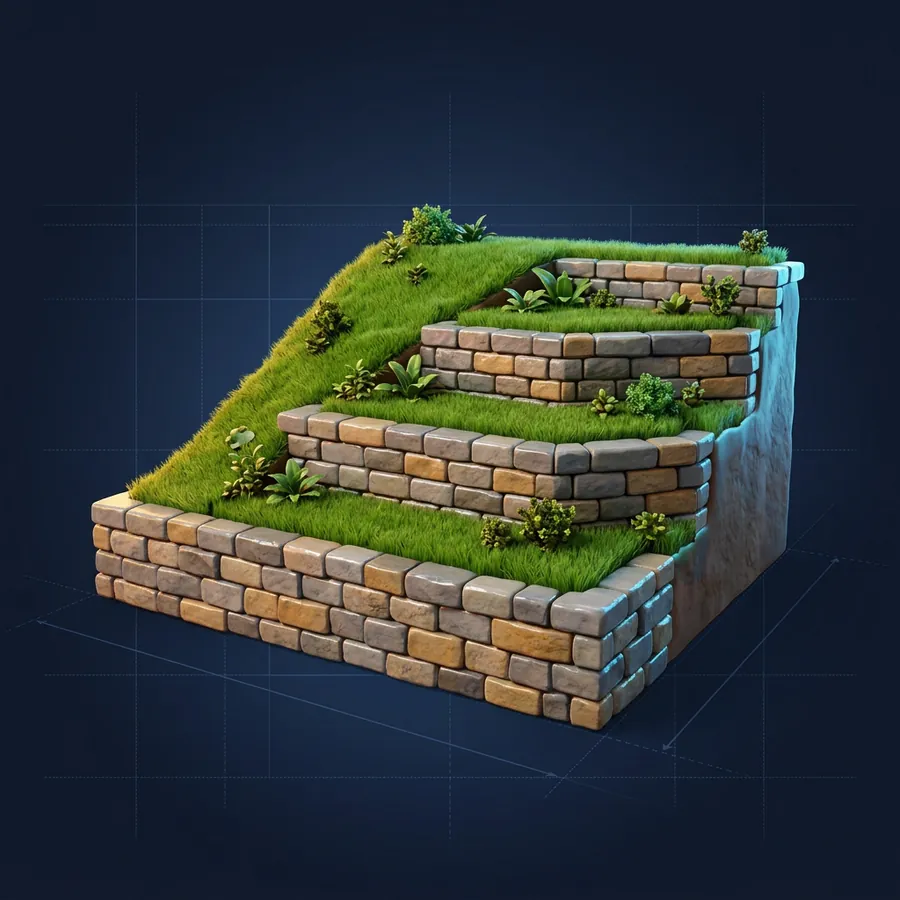 Glossy 3D illustration of a terraced stone block retaining wall holding back a green slope