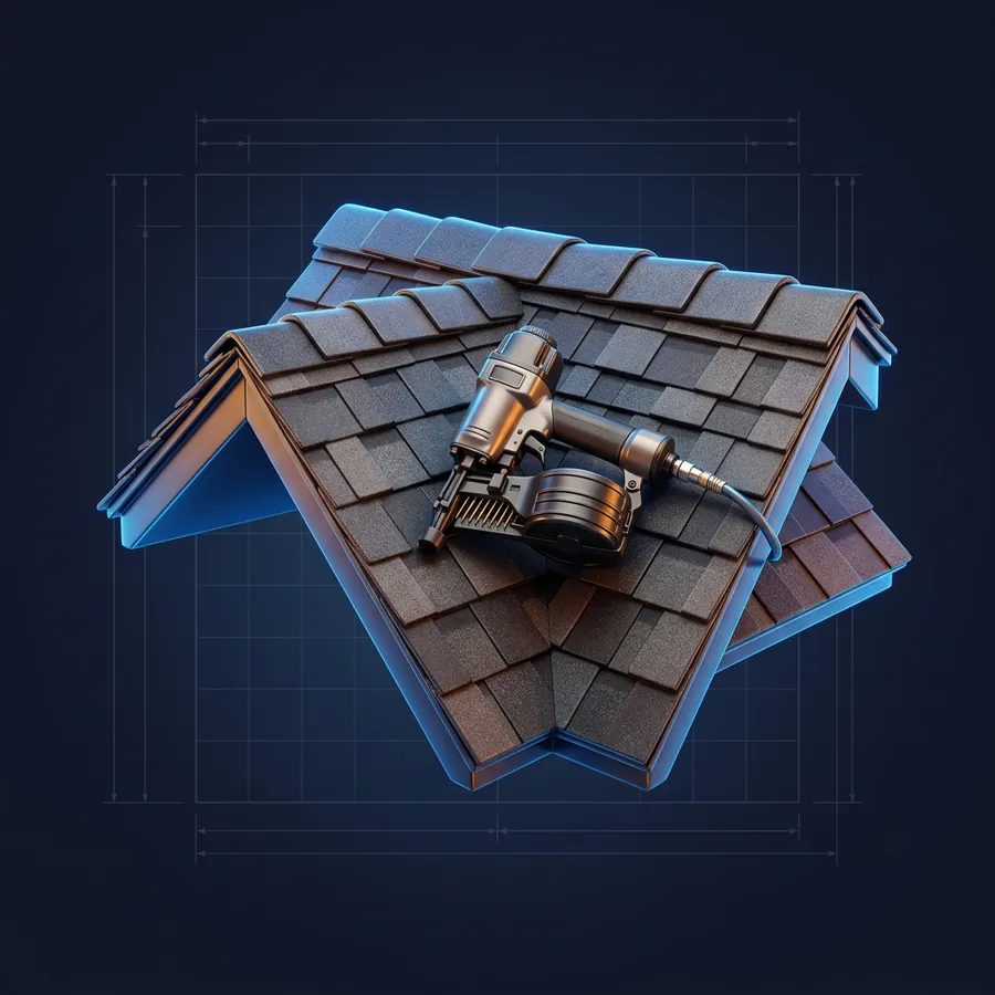 Music City Roofer | Music City Builder Group Glossy 3D illustration of a section of a new architectural shingle roof with a roofing nail gun and a ridge cap