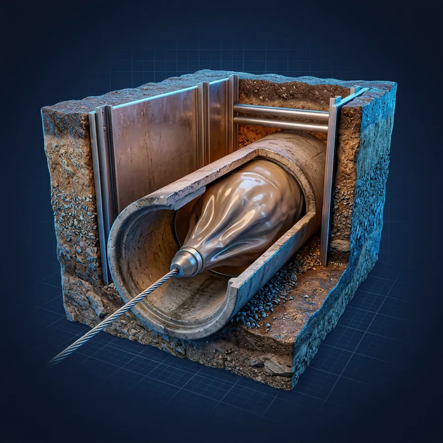 Glossy 3D illustration of a large underground sewer pipe cross-section in a trench with a lining liner being pulled through
