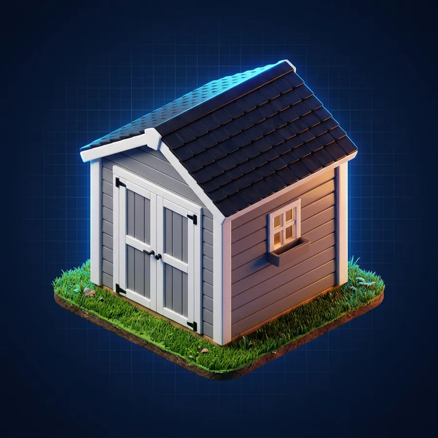 Glossy 3D illustration of a charming gray storage shed with white trim, double doors and a small window on green grass