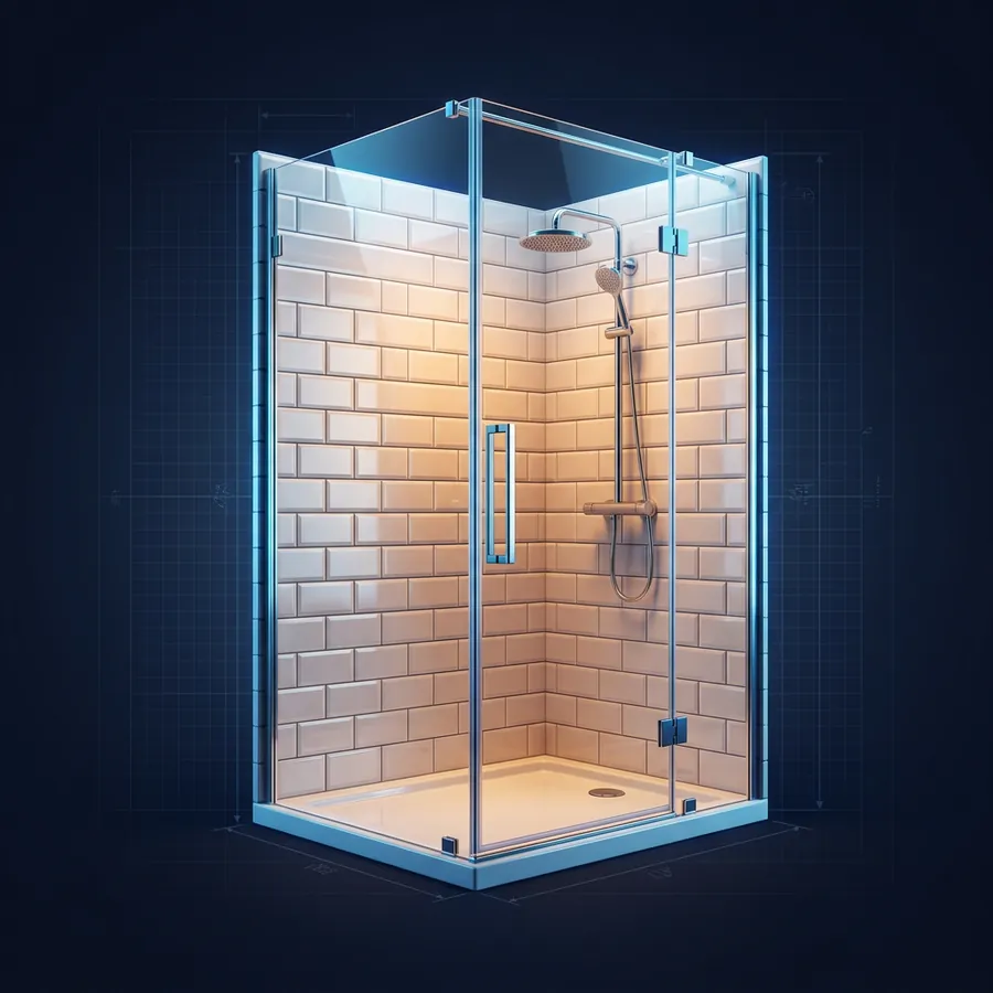 Glossy 3D illustration of a frameless glass shower enclosure with a chrome handle and subway tile