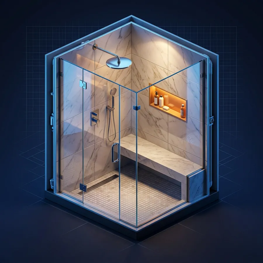 Glossy 3D illustration of a new walk-in shower replacing an old tub with a rain head and a bench seat