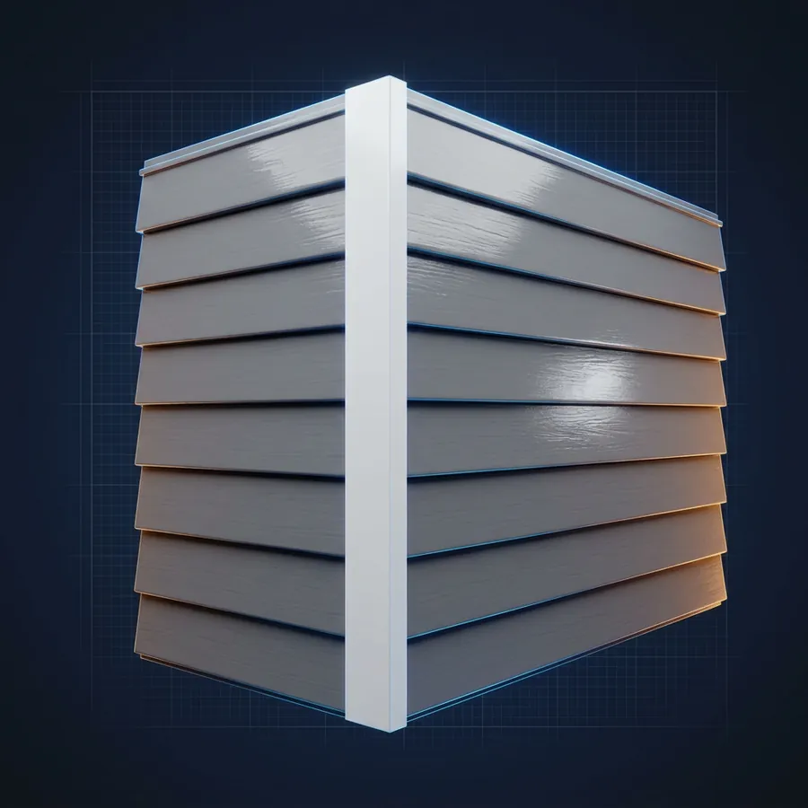 Glossy 3D illustration of a corner of a house wall with new gray lap siding panels and a trim board