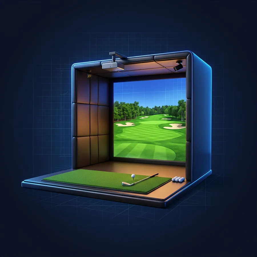 Glossy 3D illustration of an indoor golf simulator bay with a projector screen showing a green golf course and a golf club and ball