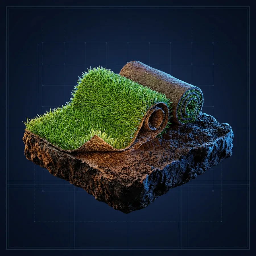 Glossy 3D illustration of rolls of fresh green sod being laid on dark soil