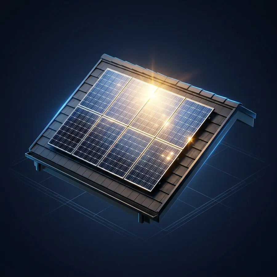 Glossy 3D illustration of a rooftop solar panel array on a house roof catching bright sunlight