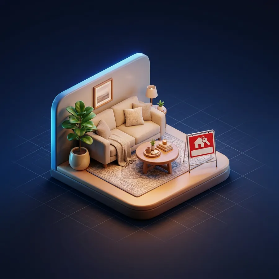 Glossy 3D illustration of a beautifully staged living room with a neutral sofa, a coffee table, a plant and a for-sale sign