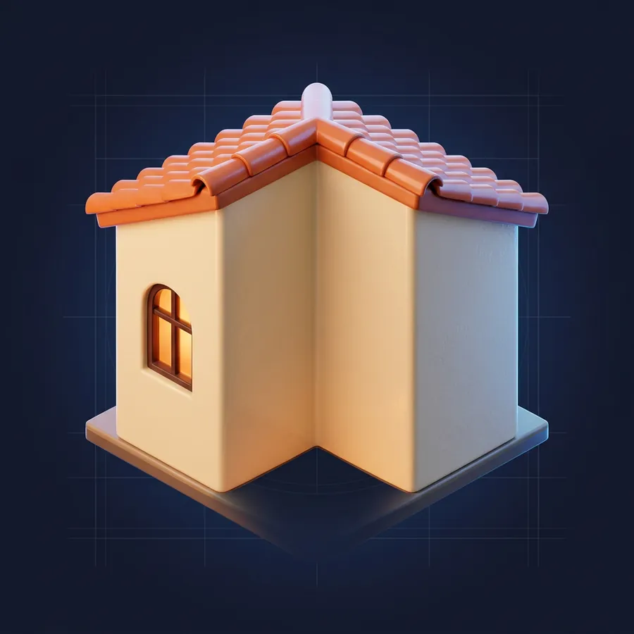 Glossy 3D illustration of a textured cream stucco wall section with a plastering trowel