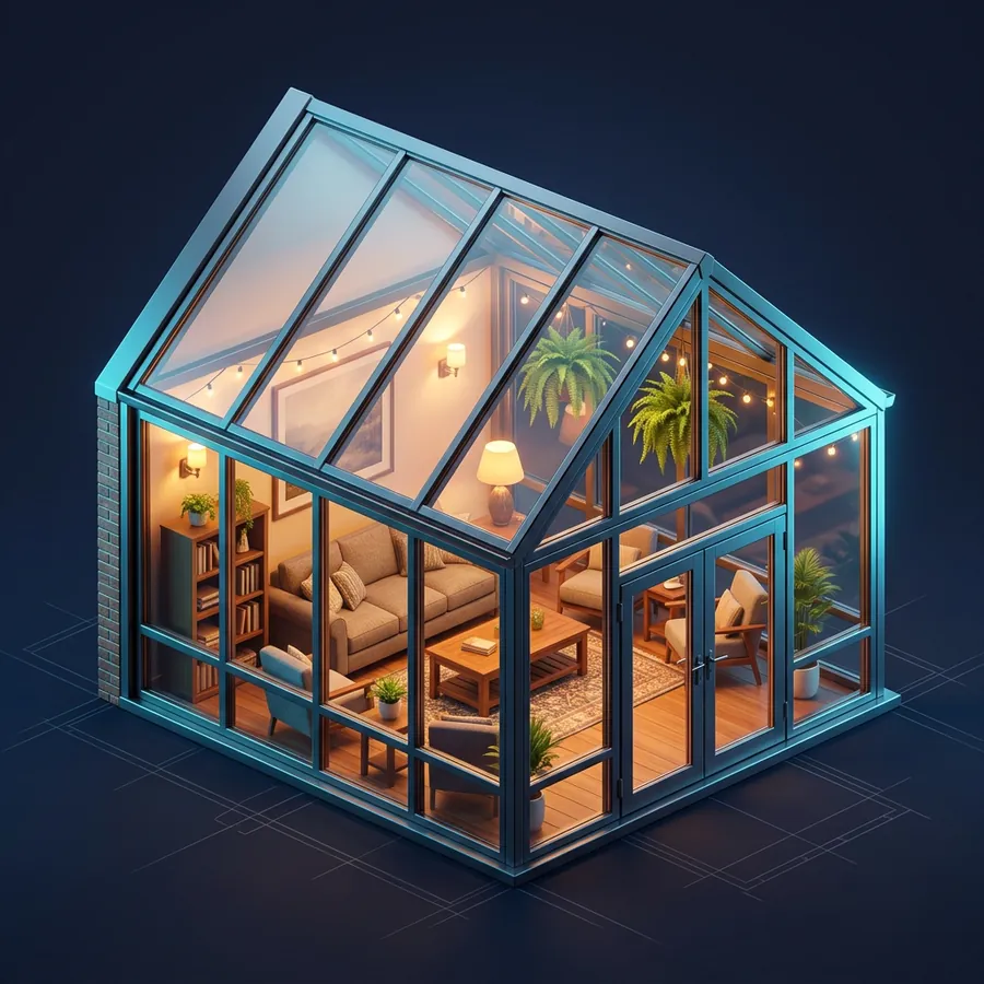 Glossy 3D illustration of a bright glass sunroom addition with a gabled glass roof and comfortable furniture