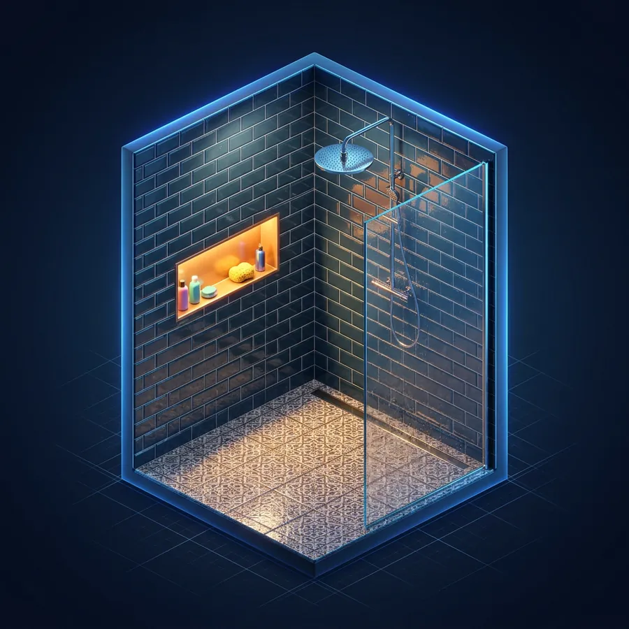 Glossy 3D illustration of a tiled walk-in shower with patterned floor tile, a niche and a rain shower head