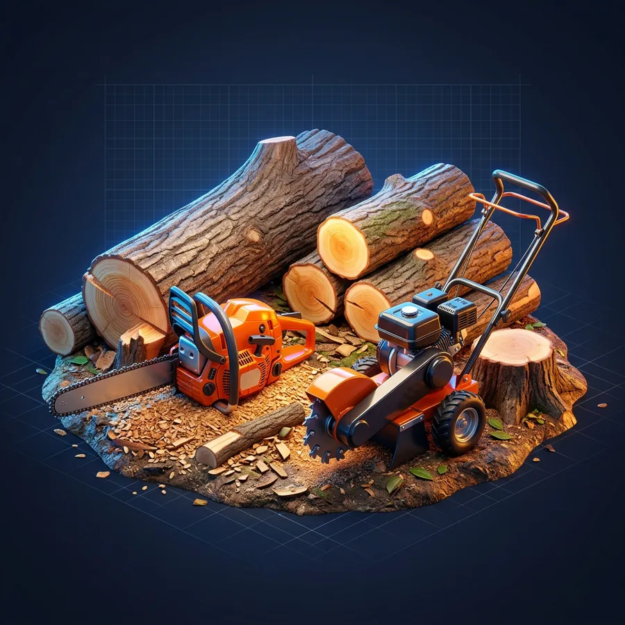 Music City Tree Service | Music City Builder Group Glossy 3D illustration of a chainsaw beside a tree trunk with fresh-cut logs and a stump grinder