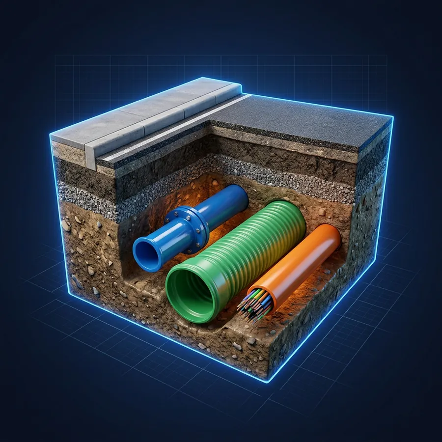 Glossy 3D illustration of a cutaway of underground utility lines: a blue water main, a green sewer pipe and an orange electrical conduit in a trench