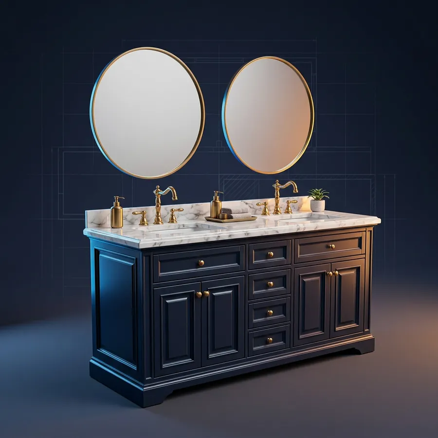Glossy 3D illustration of a double bathroom vanity with a marble top, round mirrors and brass faucets