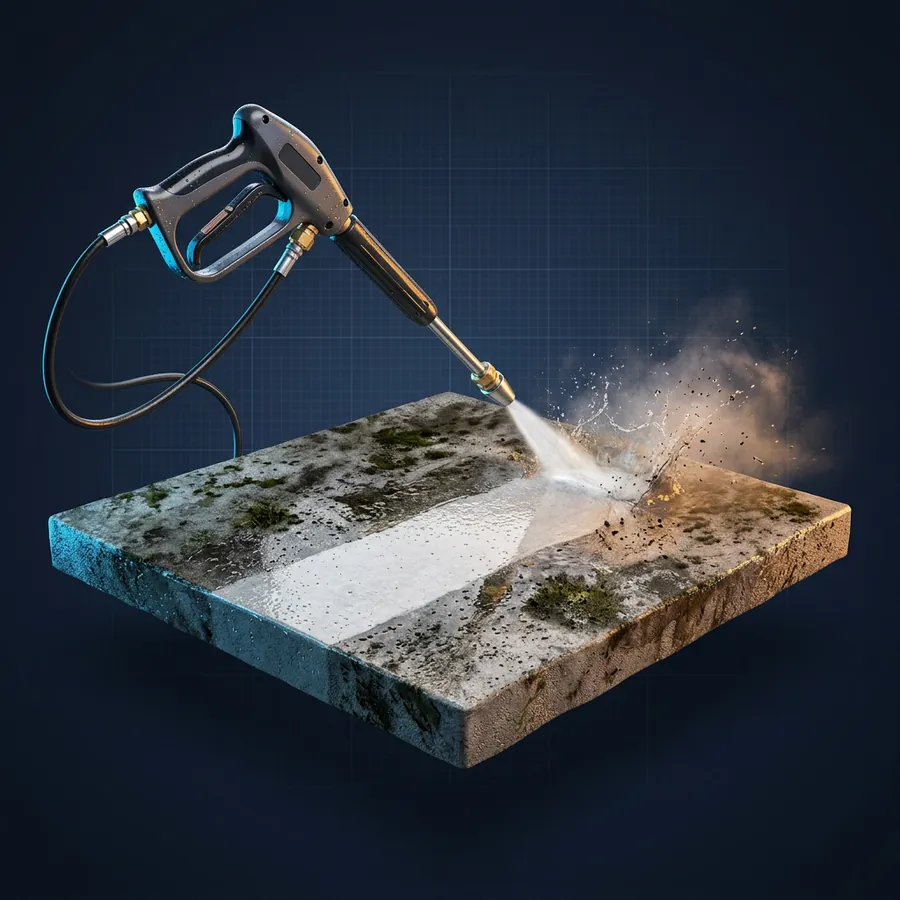 Glossy 3D illustration of a pressure washer wand spraying a clean stripe across a dirty concrete driveway