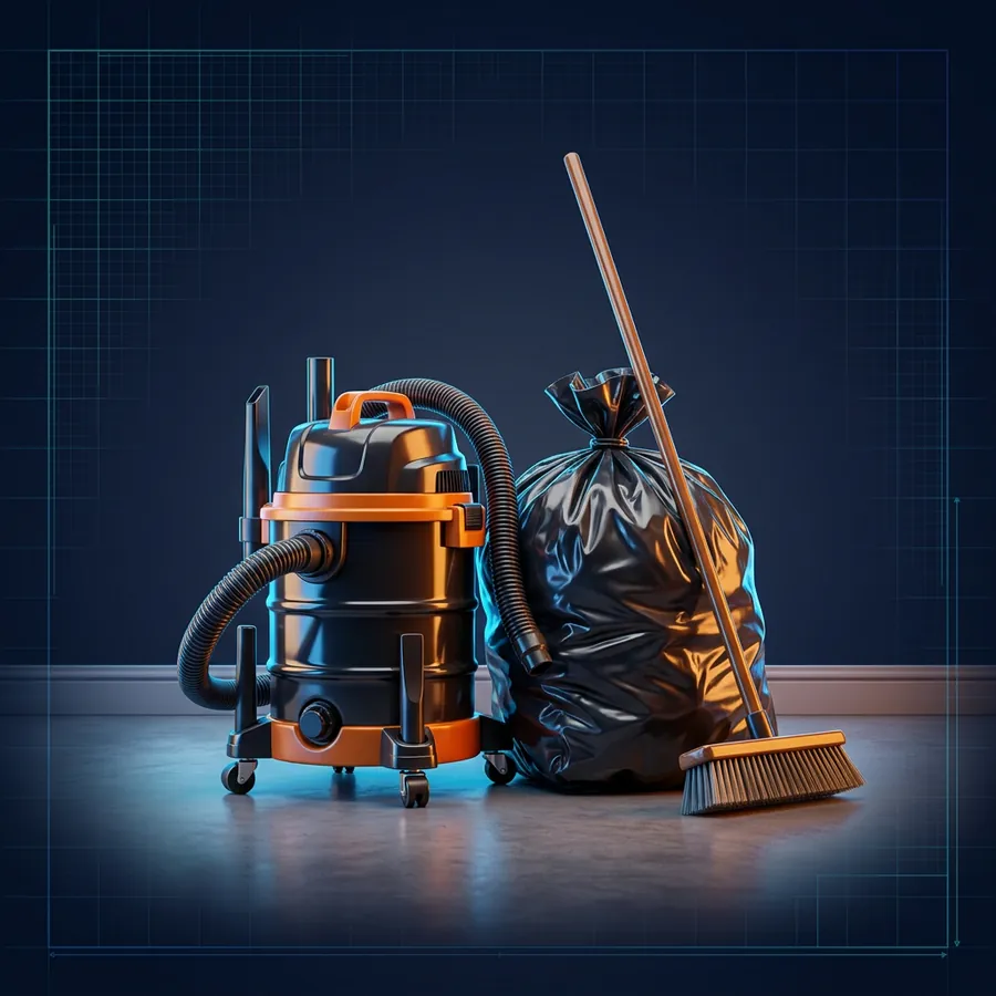 Glossy 3D illustration of a broom, a shop vacuum and a contractor trash bag in a freshly finished empty room