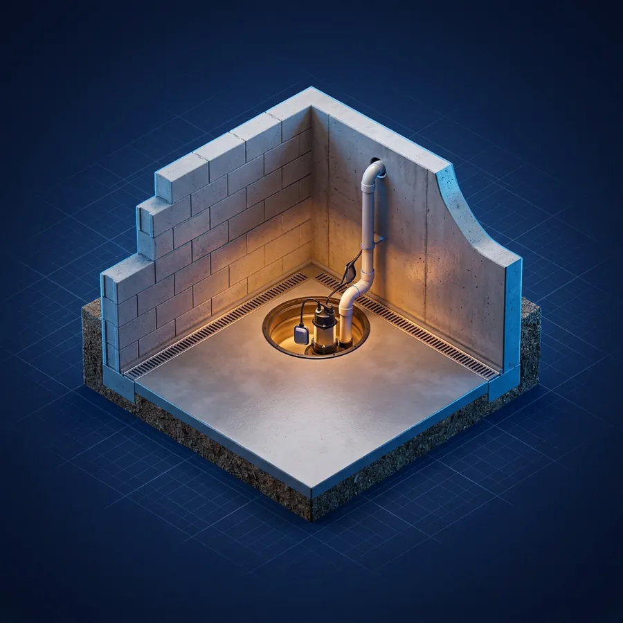 Glossy 3D illustration of a basement corner with a perimeter drain channel, a sump pump and a dry concrete floor