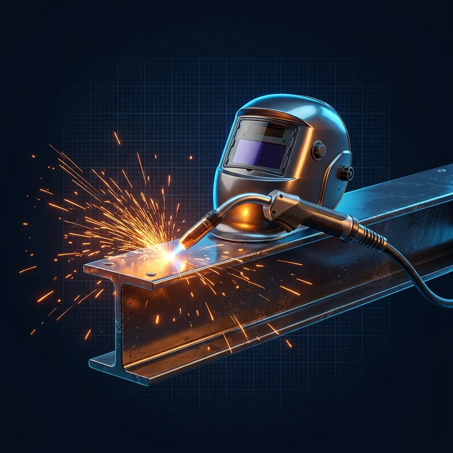 Glossy 3D illustration of a welding torch and mask with bright orange sparks flying over a steel beam