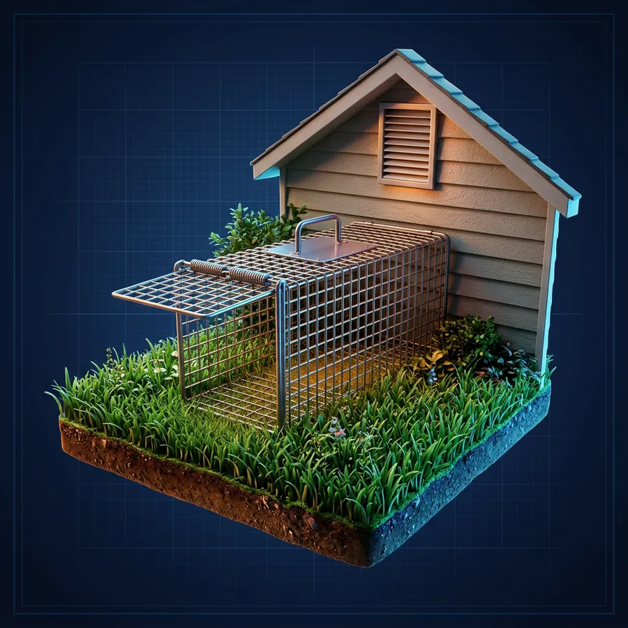 Glossy 3D illustration of a humane live animal trap cage on a lawn near an attic vent of a house