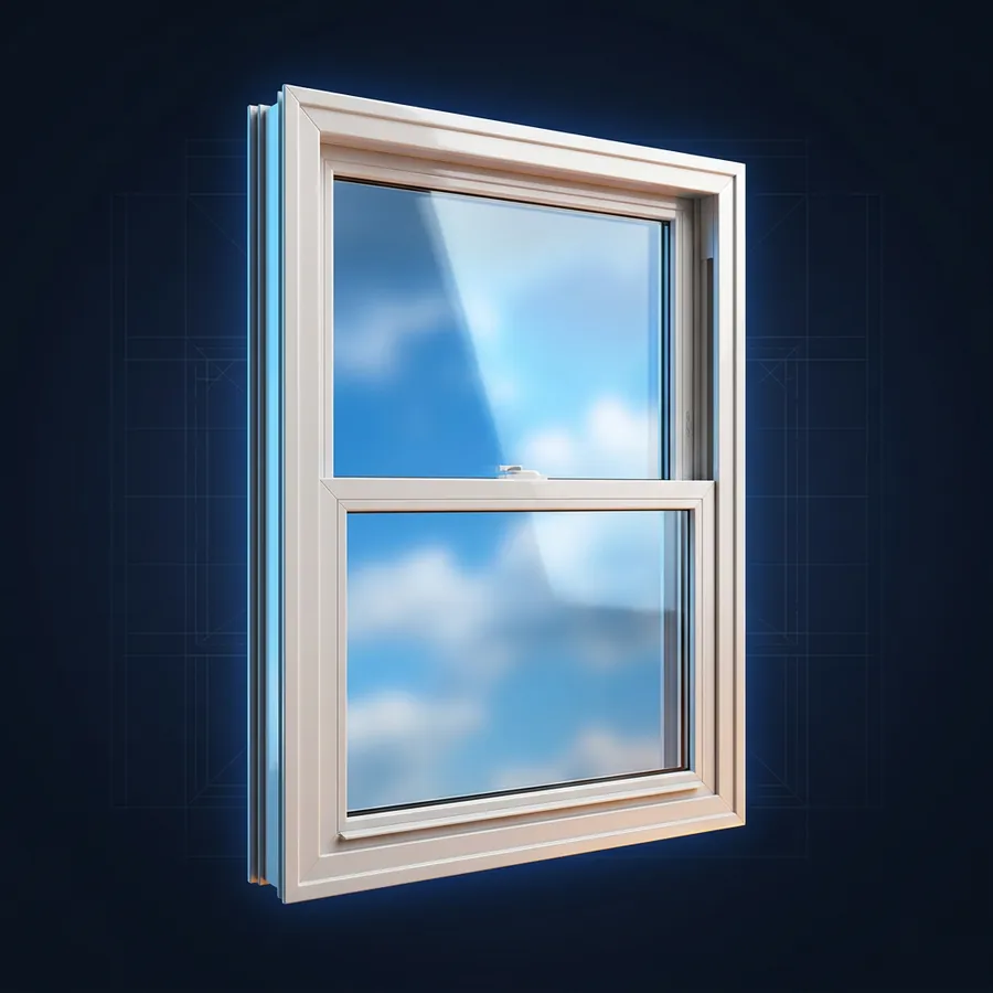 Music City Window | Music City Builder Group Glossy 3D illustration of a modern double-hung replacement window with a white frame reflecting a blue sky