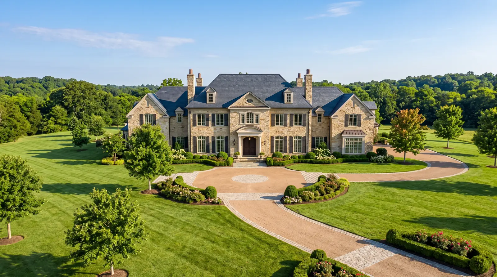 A grand stone estate home in Williamson County with a symmetrical front, tall windows, a manicured lawn and a long driveway