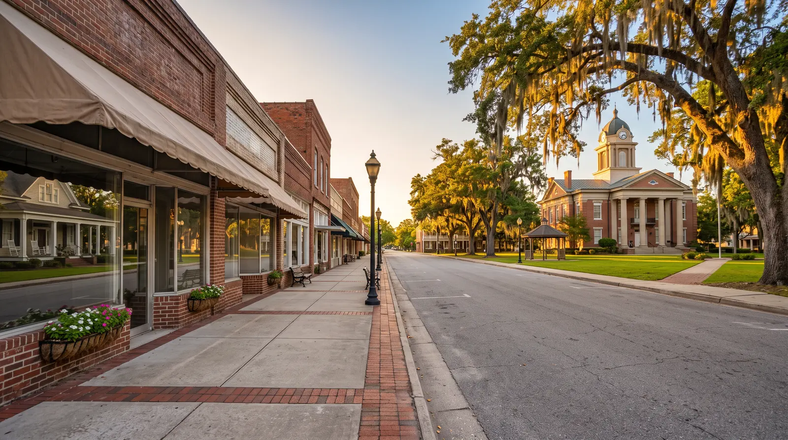Historic Town Square Homes and Storefronts | Music City Builder Group A historic Southern town square with brick storefronts, a courthouse and charming older homes with deep porches, golden hour, tidy sidewalks