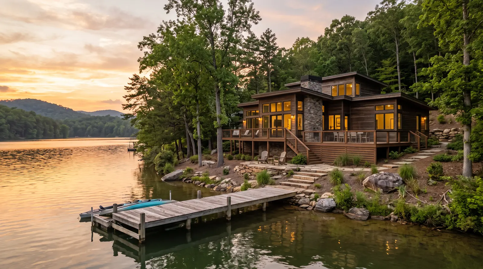 A modern lake-community home on a Tennessee lake with a wooden dock, a deck with chairs and calm water at sunset