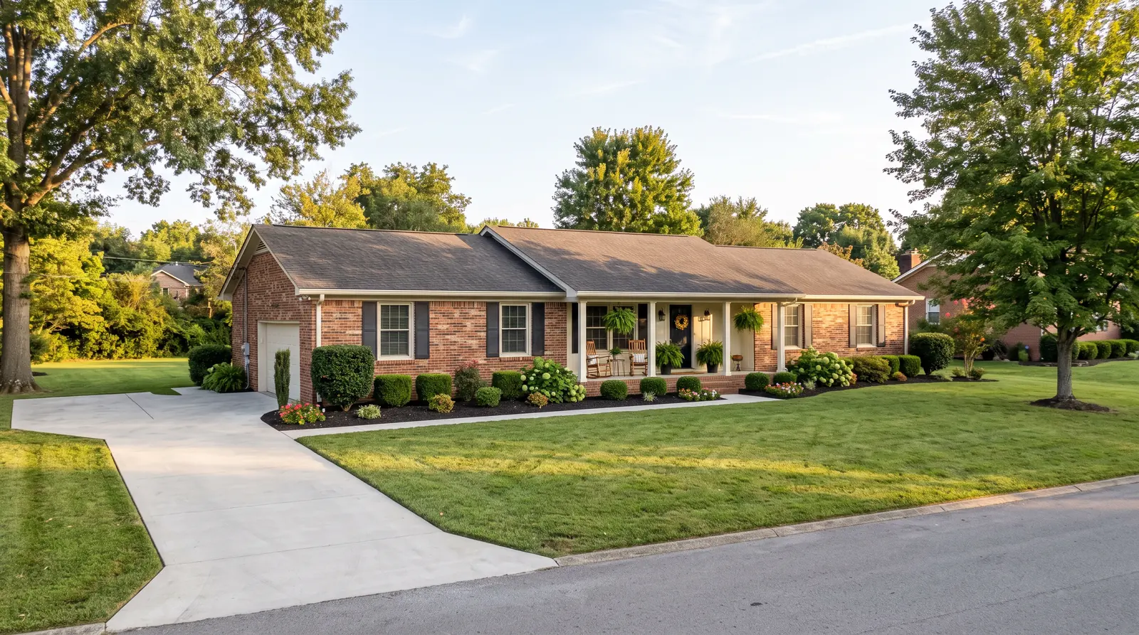 A brick ranch home in an established Middle Tennessee suburb with neat landscaping, a clean driveway and a tidy front porch, soft afternoon light