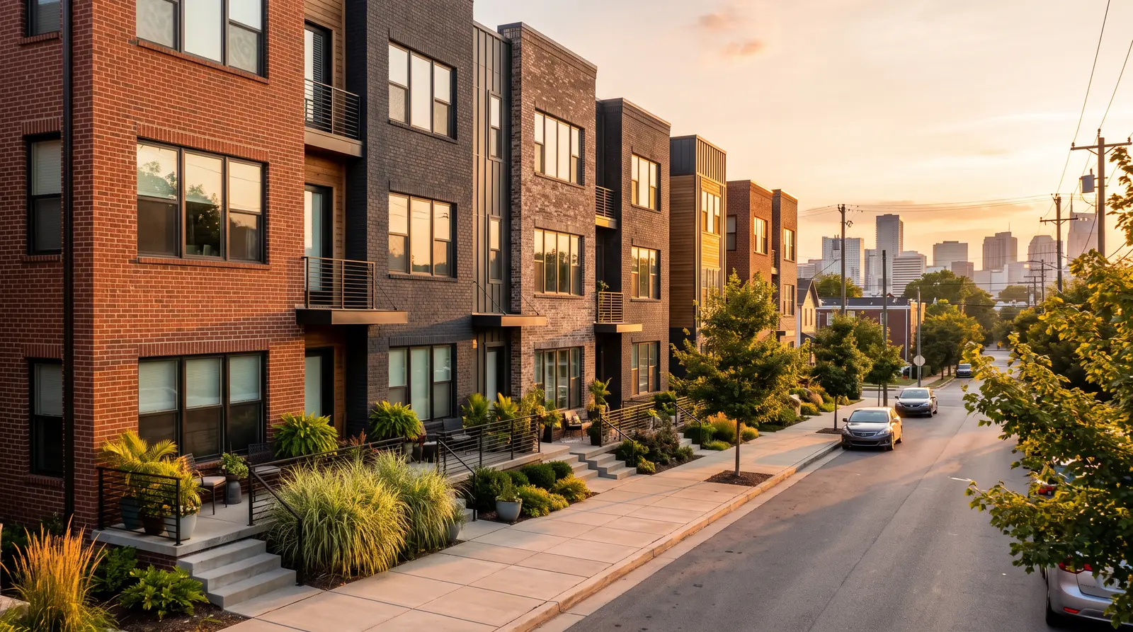 A row of modern brick townhomes and condos in an urban Nashville-style neighborhood at golden hour with planters and a city skyline in the distance