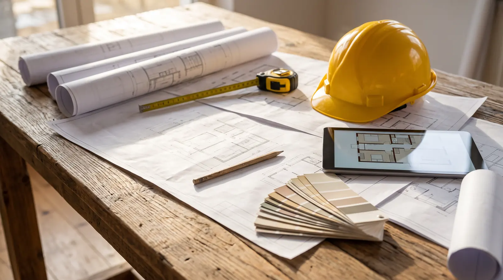 Blueprints and Planning Tools on a Table | Music City Builder Group Architectural blueprints spread on a wooden table with a yellow hard hat, a tape measure, a pencil, color swatches and a tablet showing a floor plan, warm window light