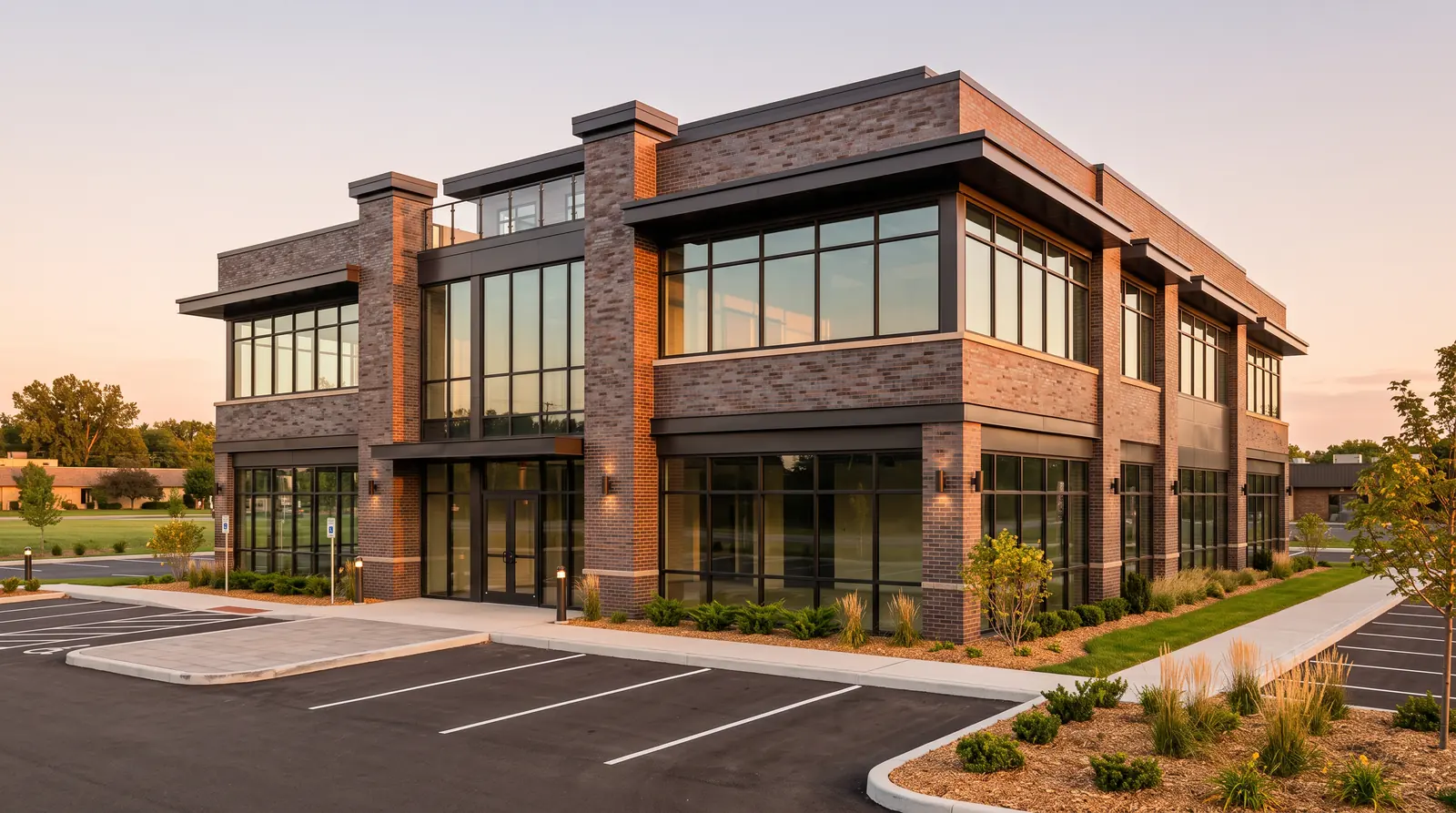 Modern Commercial Building at Golden Hour | Music City Builder Group A modern two-story commercial building with a brick and glass facade, landscaping and a clean parking lot at golden hour