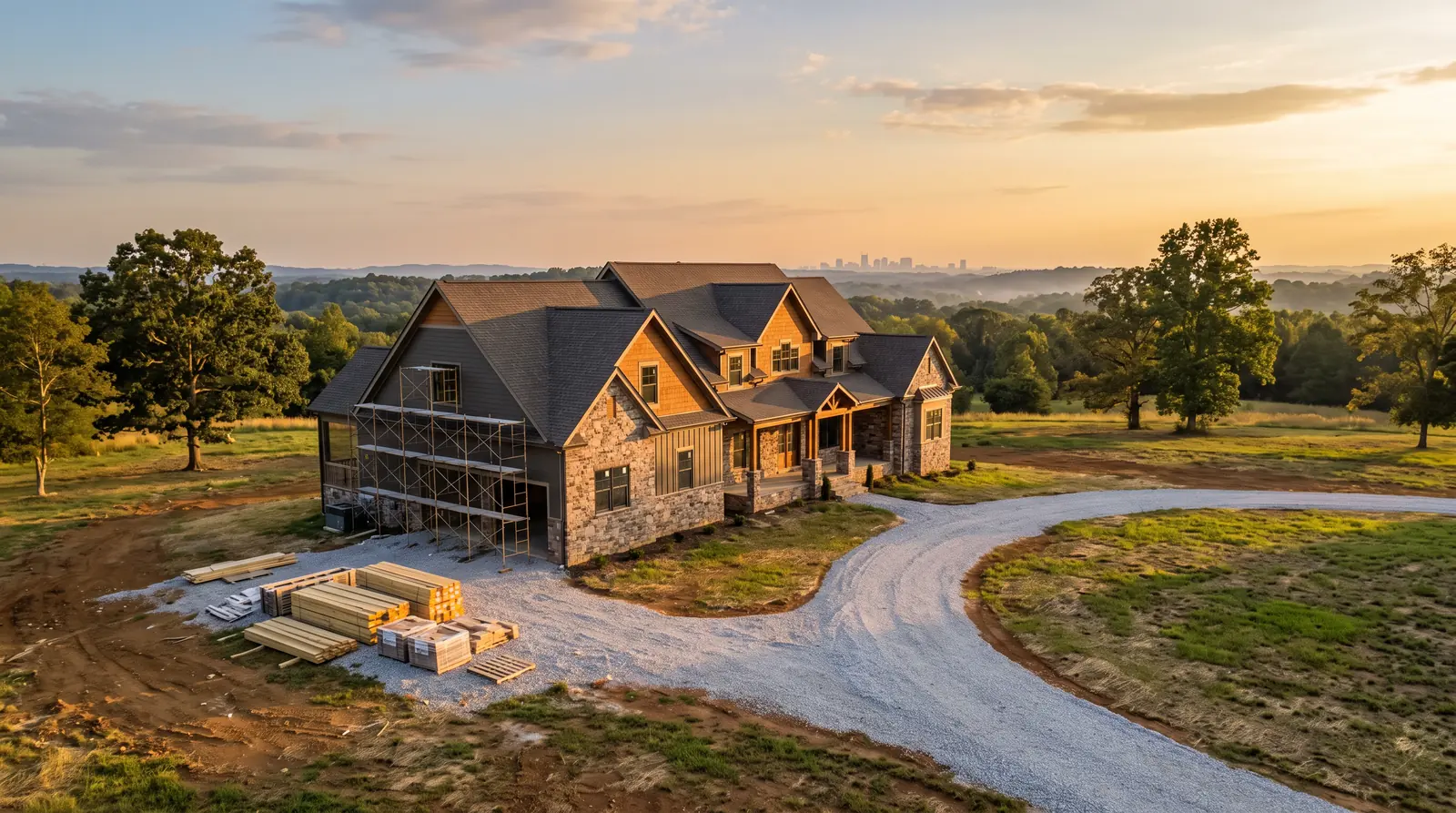 Custom Home Under Construction at Golden Hour | Music City Builder Group A sweeping wide shot of a Middle Tennessee custom home nearly finished at golden hour, stone and siding exterior with scaffolding still on one side, stacked lumber, a tidy gravel drive and the Nashville skyline faint in the far distance