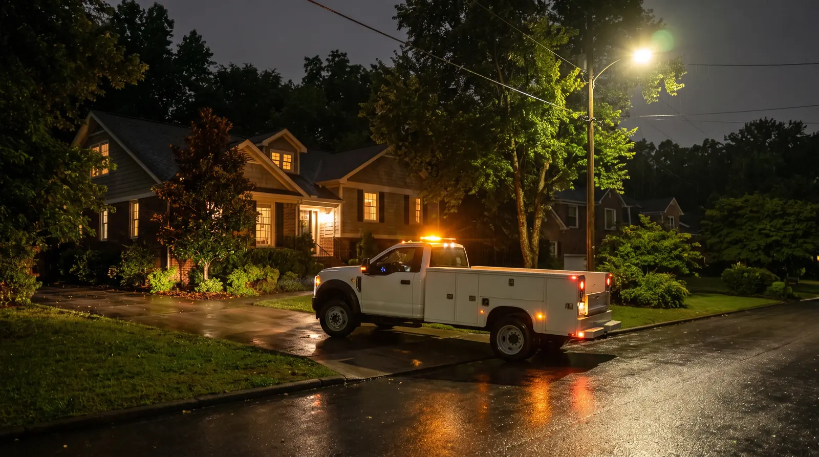 Service Truck at a Home at Night | Music City Builder Group A clean plain white service truck with amber warning lights glowing parked in the driveway of a Tennessee home at night under a streetlight, rain-slick pavement, warm light in the home’s windows, no logos and no lettering on the truck