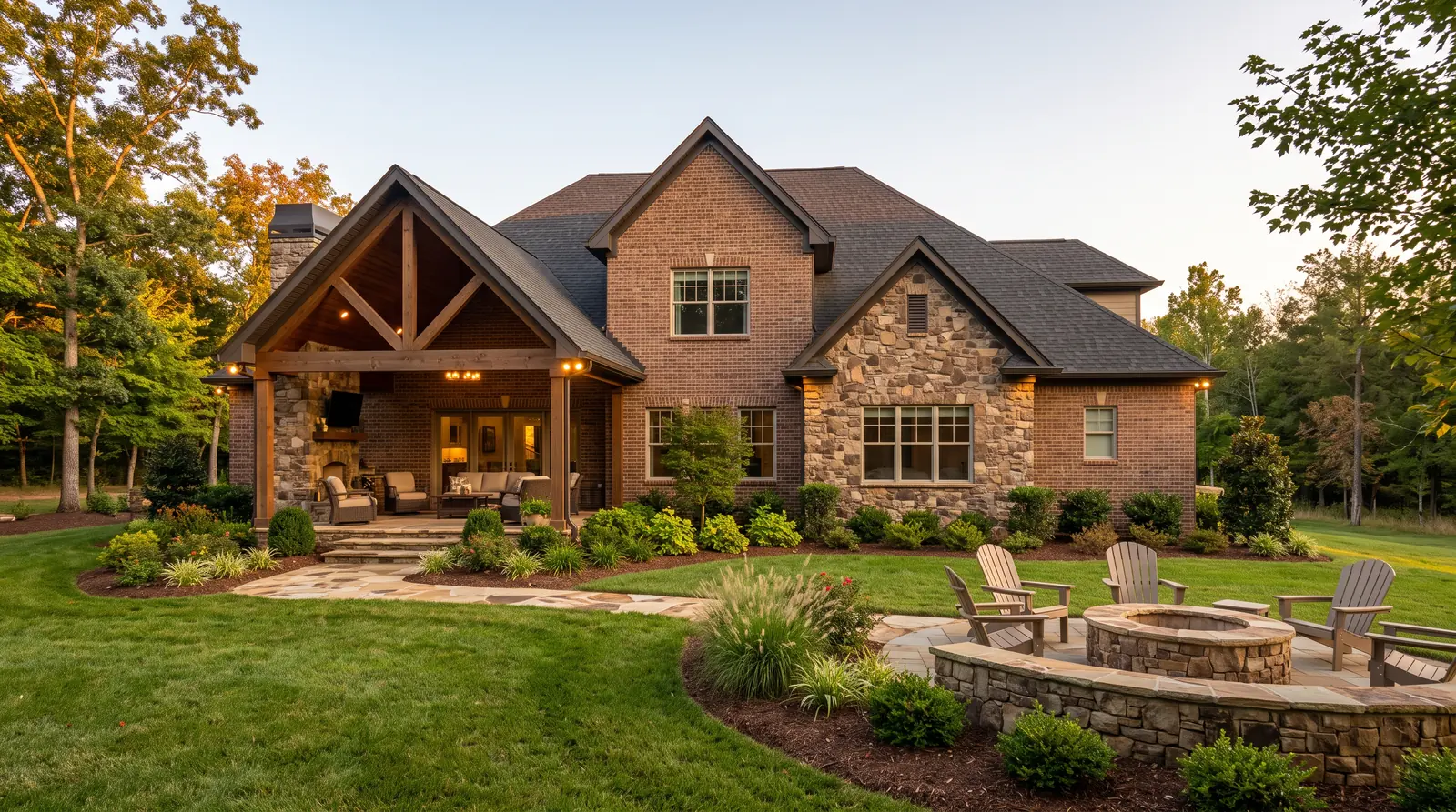 Beautiful Home With Outdoor Living | Music City Builder Group A handsome brick and stone Tennessee home with a landscaped yard, a covered patio, a stone fire pit and soft evening light