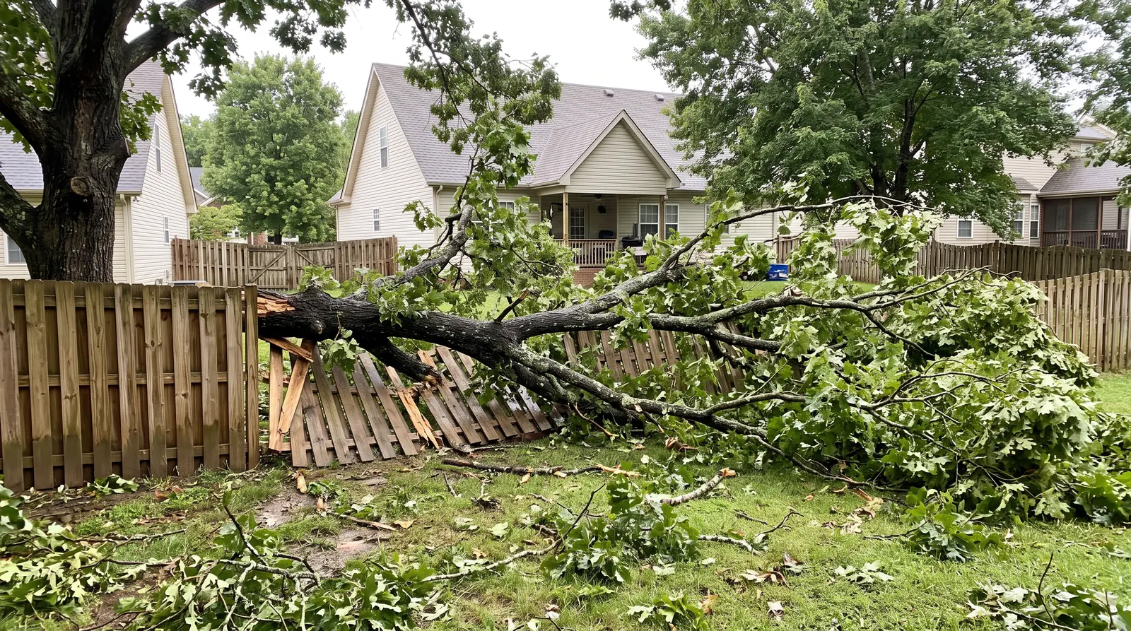 Storm Damage on a Tennessee Property | Music City Builder Group A large tree limb fallen across a backyard fence and lawn after a storm in a Tennessee neighborhood, dramatic overcast light, a home in the background
