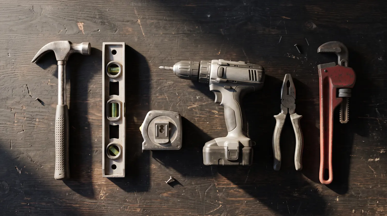 Trade Tools on a Workbench | Music City Builder Group A neat flat-lay on a dark workbench of trade tools: a hammer, a level, a tape measure, a cordless drill, pliers and a pipe wrench, dramatic side light